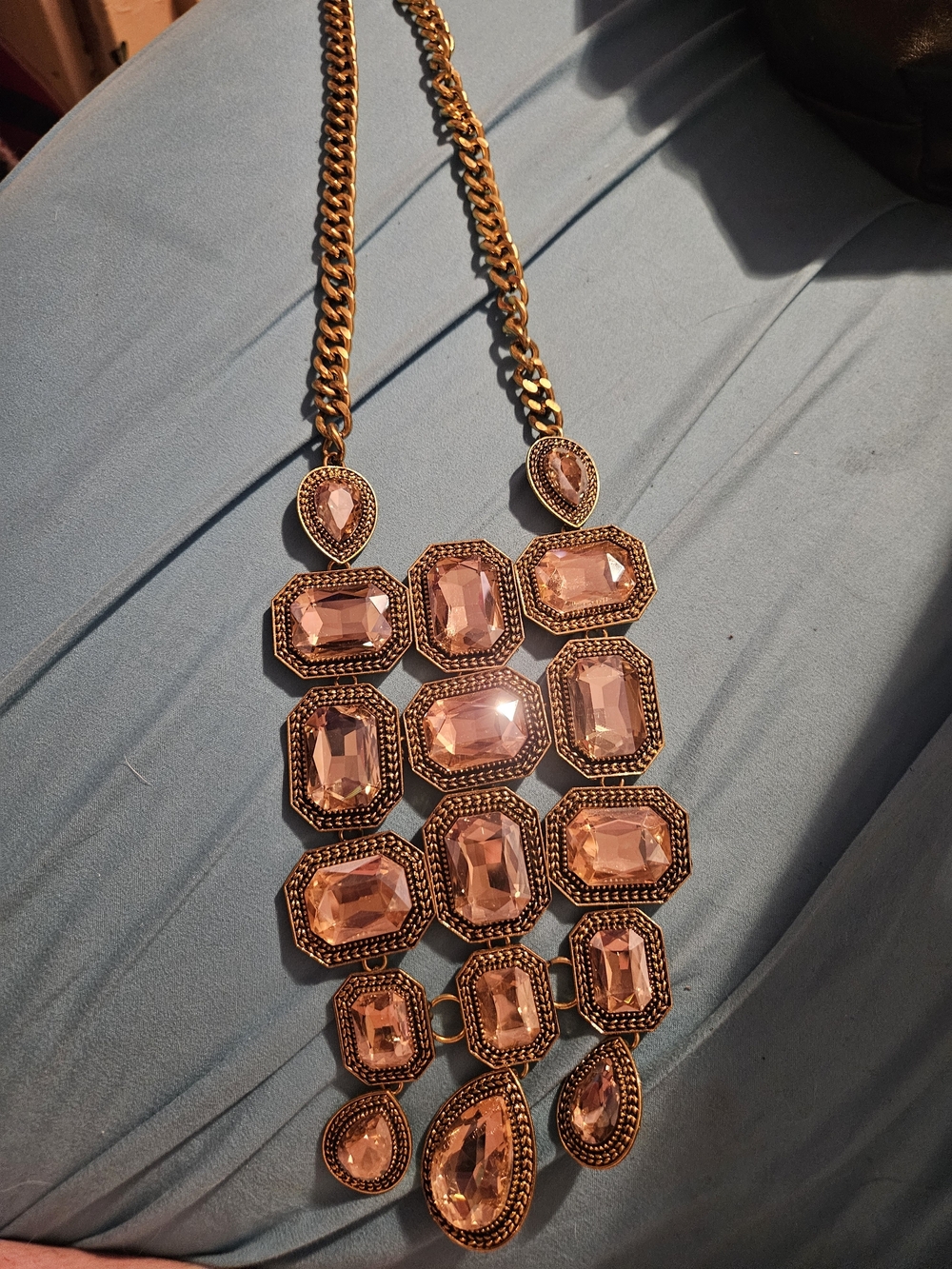 Gold-Tone Statement Necklace with Pink Gemstones